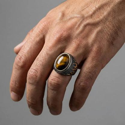 Flame Tiger's Eye Signet Ring Worn by Male Model Close Up