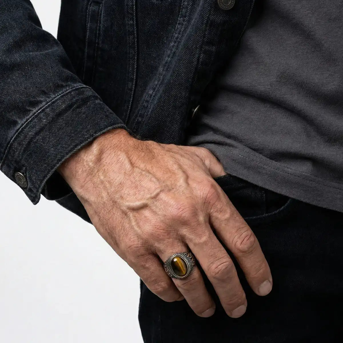 Flame Tiger's Eye Signet Ring Worn by Male Model