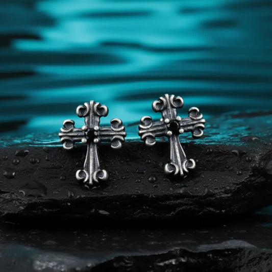 Fleur de Lis Cross Stud Earrings