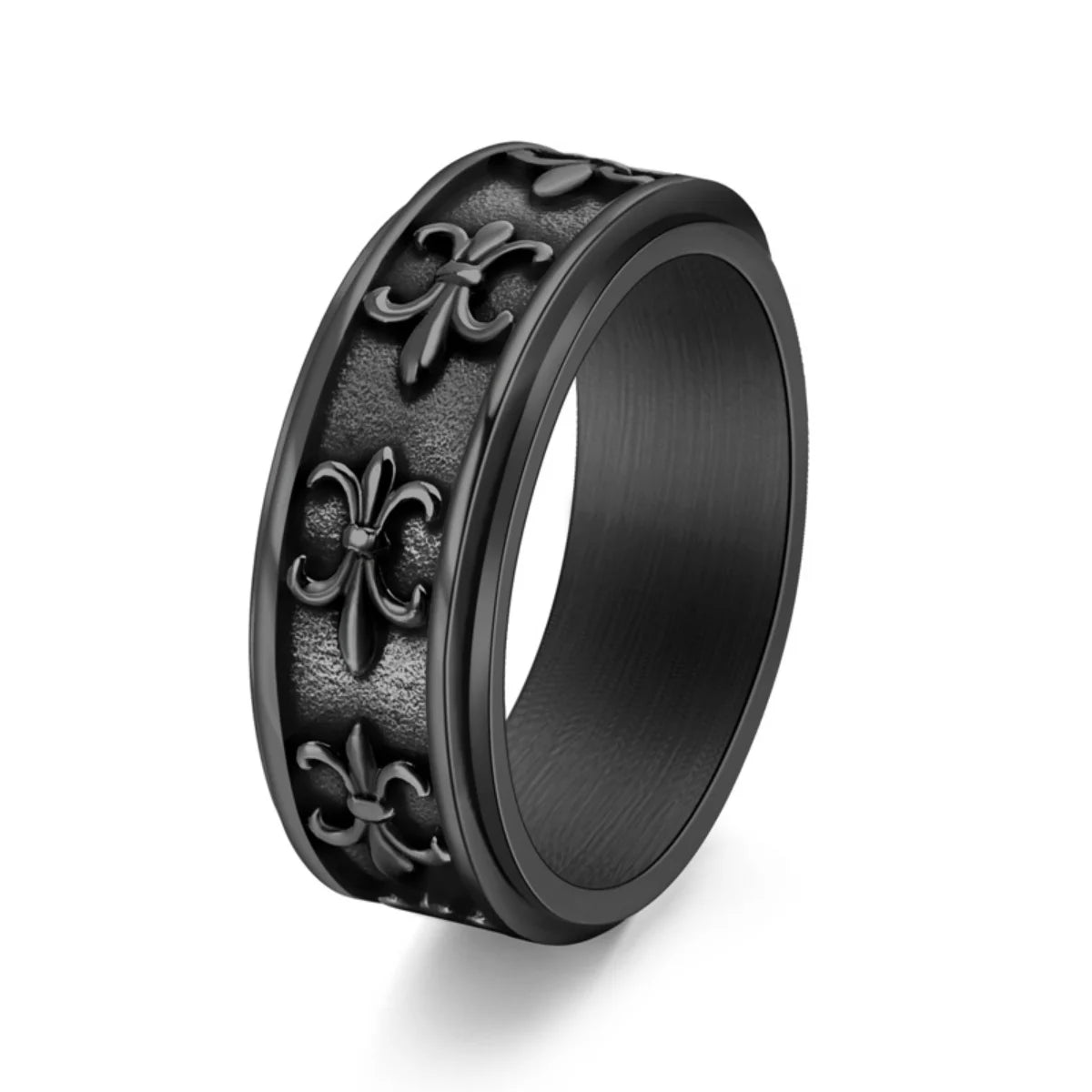 Fleur de Lis Spinner Ring Black Front View White Background