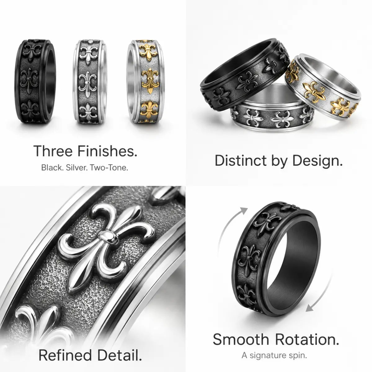 Fleur de Lis Spinner Ring Details and Features Infographic
