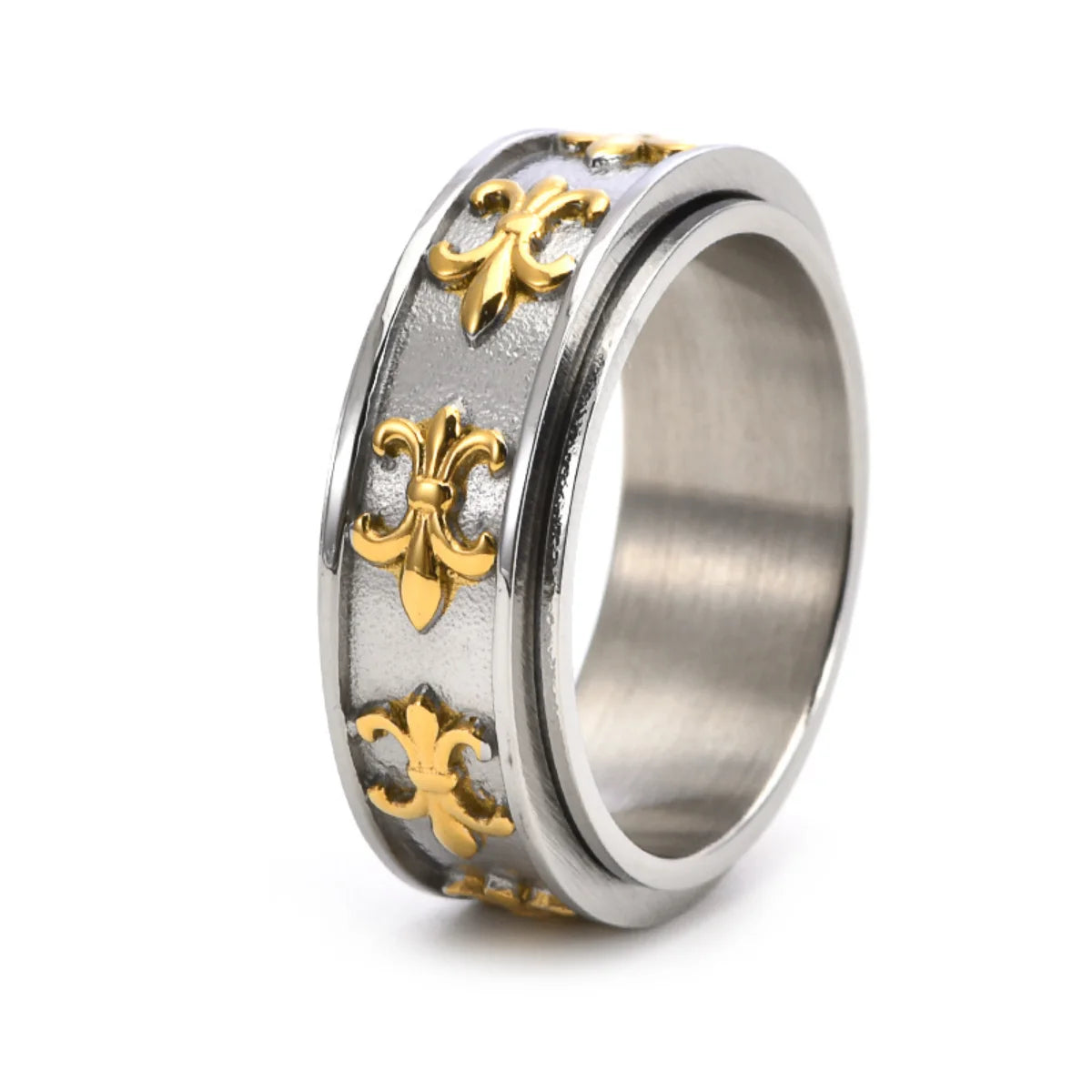 Fleur de Lis Spinner Ring Gold and Silver Two Tone Front View White Background