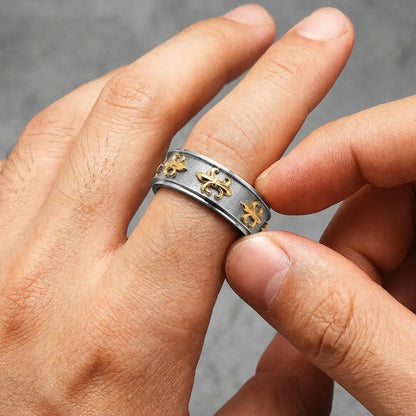 Fleur de Lis Spinner Ring Gold and Silver Two Tone Worn on Hand