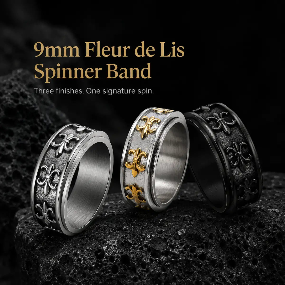 Fleur de Lis Spinner Ring Silver Gold and Black Color Options Display