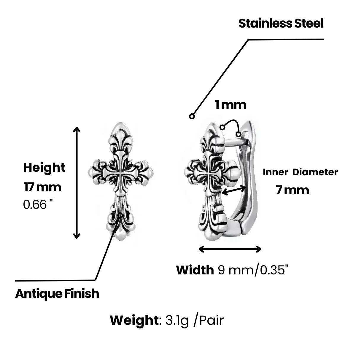 Fleur de lis Cross Hoop Earrings Dimensions and Weight