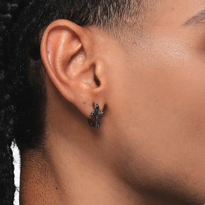 Fleur de lis Cross Hoop Earrings Worn by Male Model Close Up