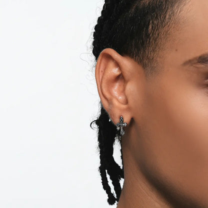 Fleur de lis Cross Hoop Earrings Worn by Male Model