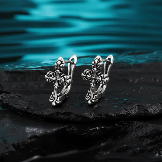 Fleur de lis Cross Hoop Earrings