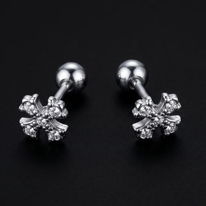Floral Cross Cartilage Stud Earrings Premium Stainless Steel Close Up Black Background