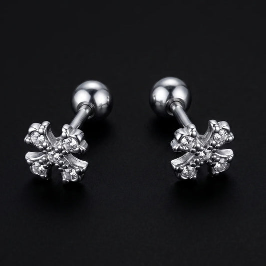 Floral Cross Cartilage Stud Earrings Premium Stainless Steel Close Up Black Background