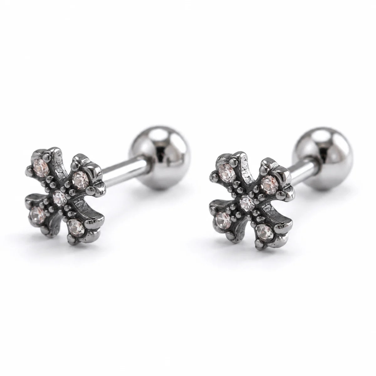 Floral Cross Cartilage Stud Earrings Premium Stainless Steel Front View White Background