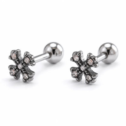Floral Cross Cartilage Stud Earrings Premium Stainless Steel Front View White Background