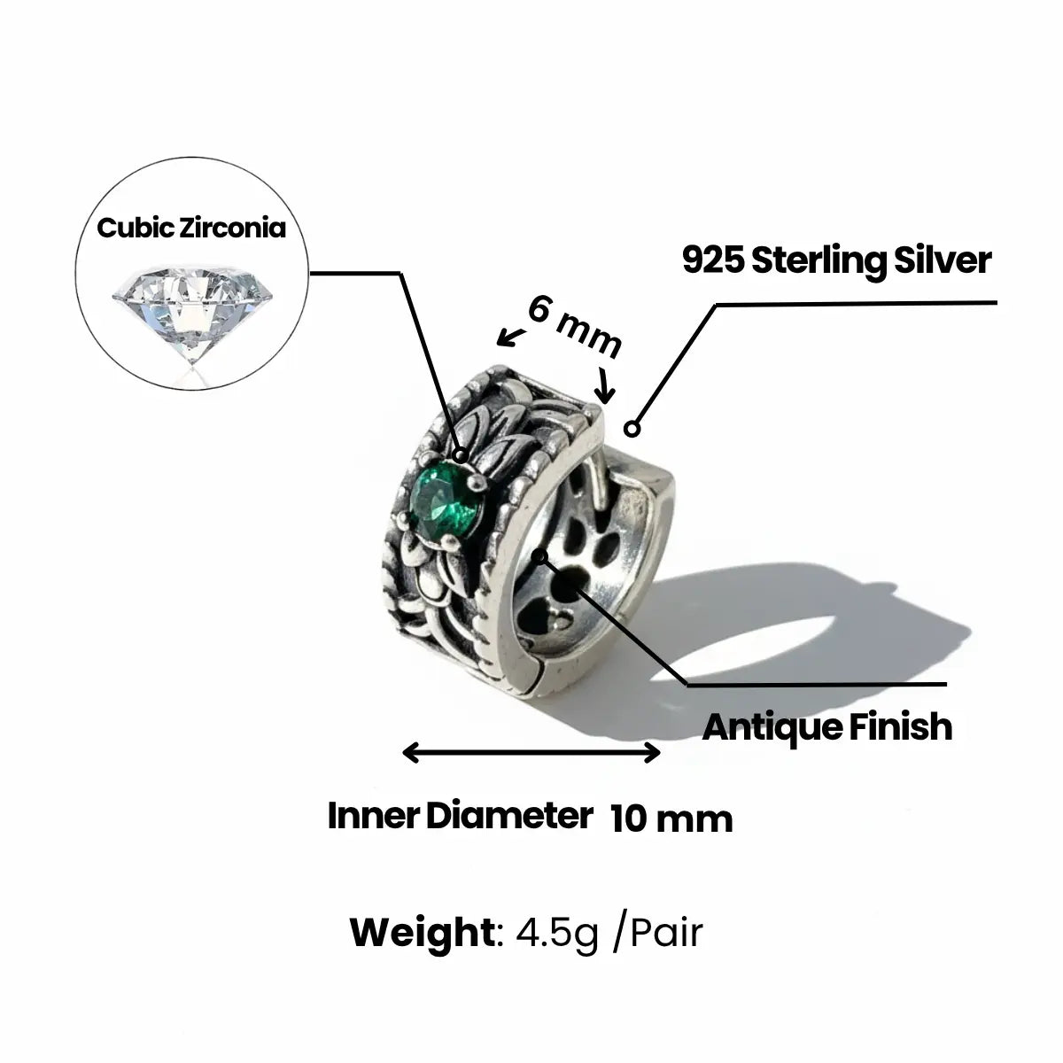 Floral Emerald Huggie Hoop Earrings Dimensions and Weight