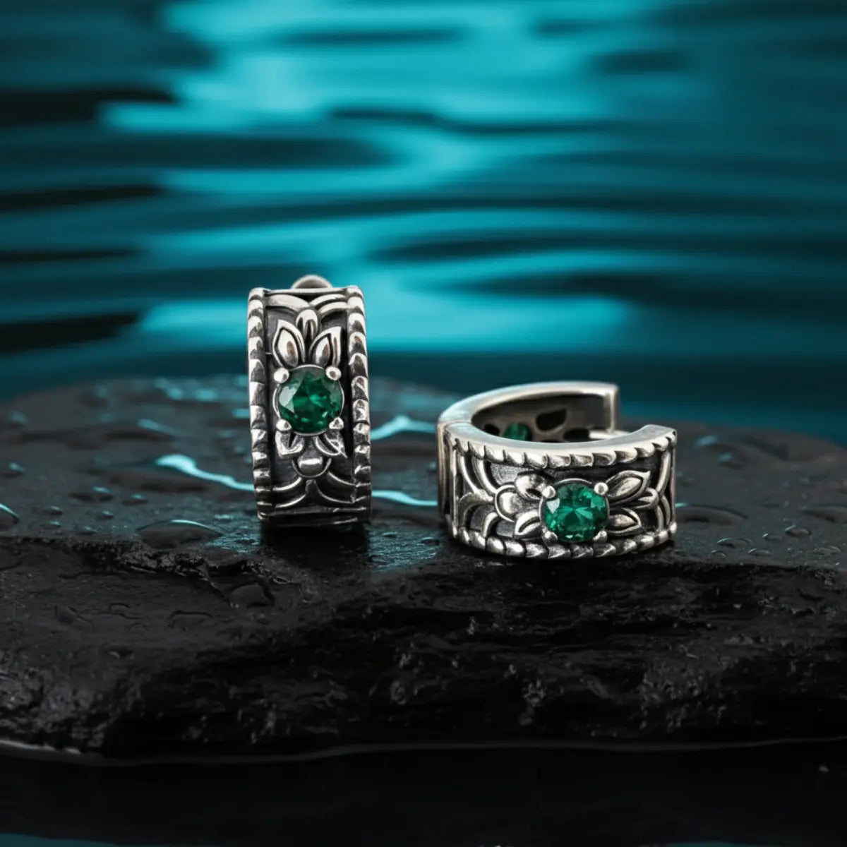 Floral Emerald Huggie Hoop Earrings