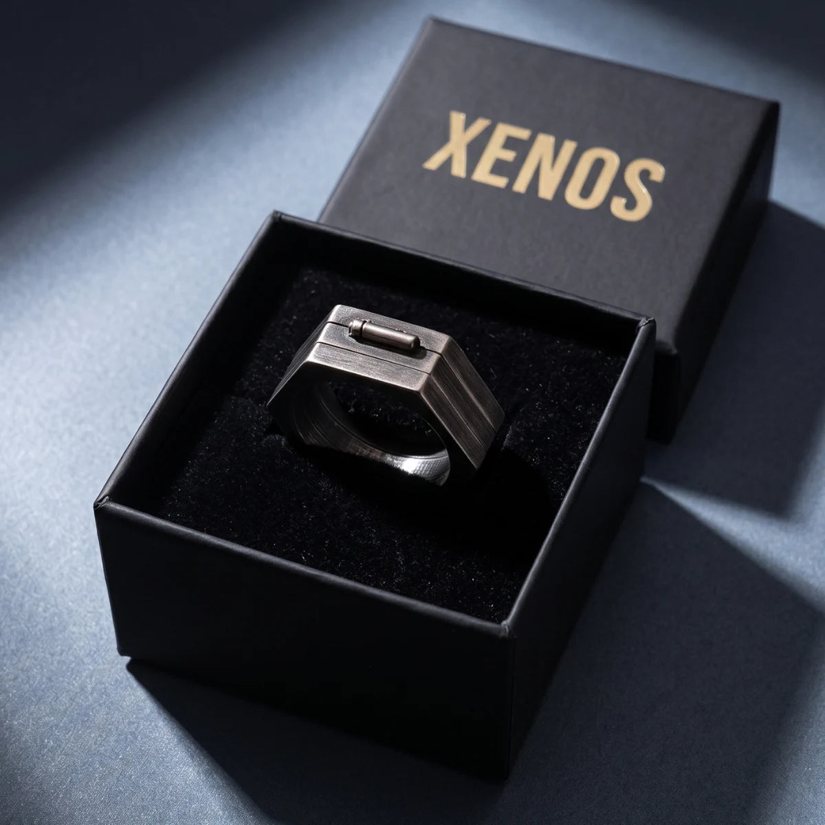 Folding Hex Ring Presented in Xenos Jewelry Packaging Box
