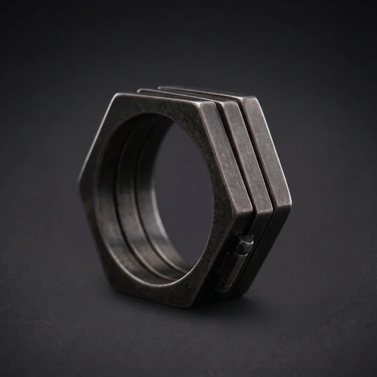 Folding Hex Ring Stacked Close Up Black Background