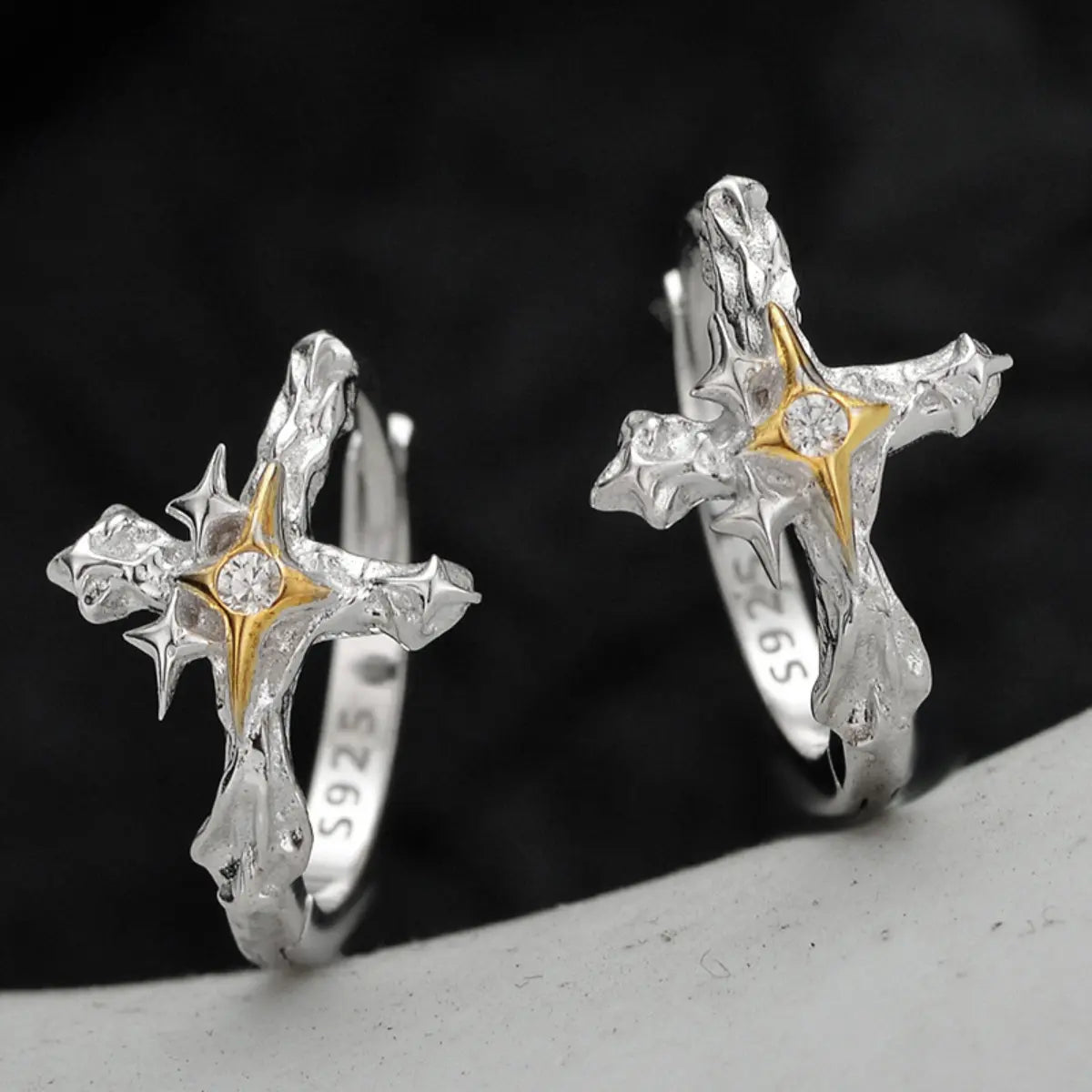 Four Pointed Star Cross Hoop Earrings Details