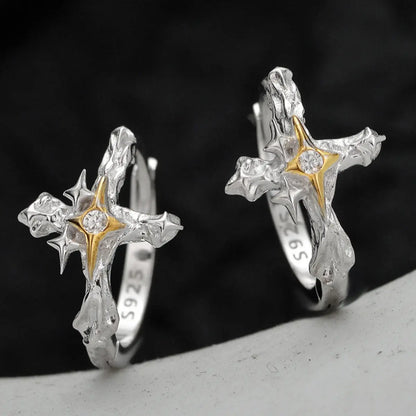 Four Pointed Star Cross Hoop Earrings Details