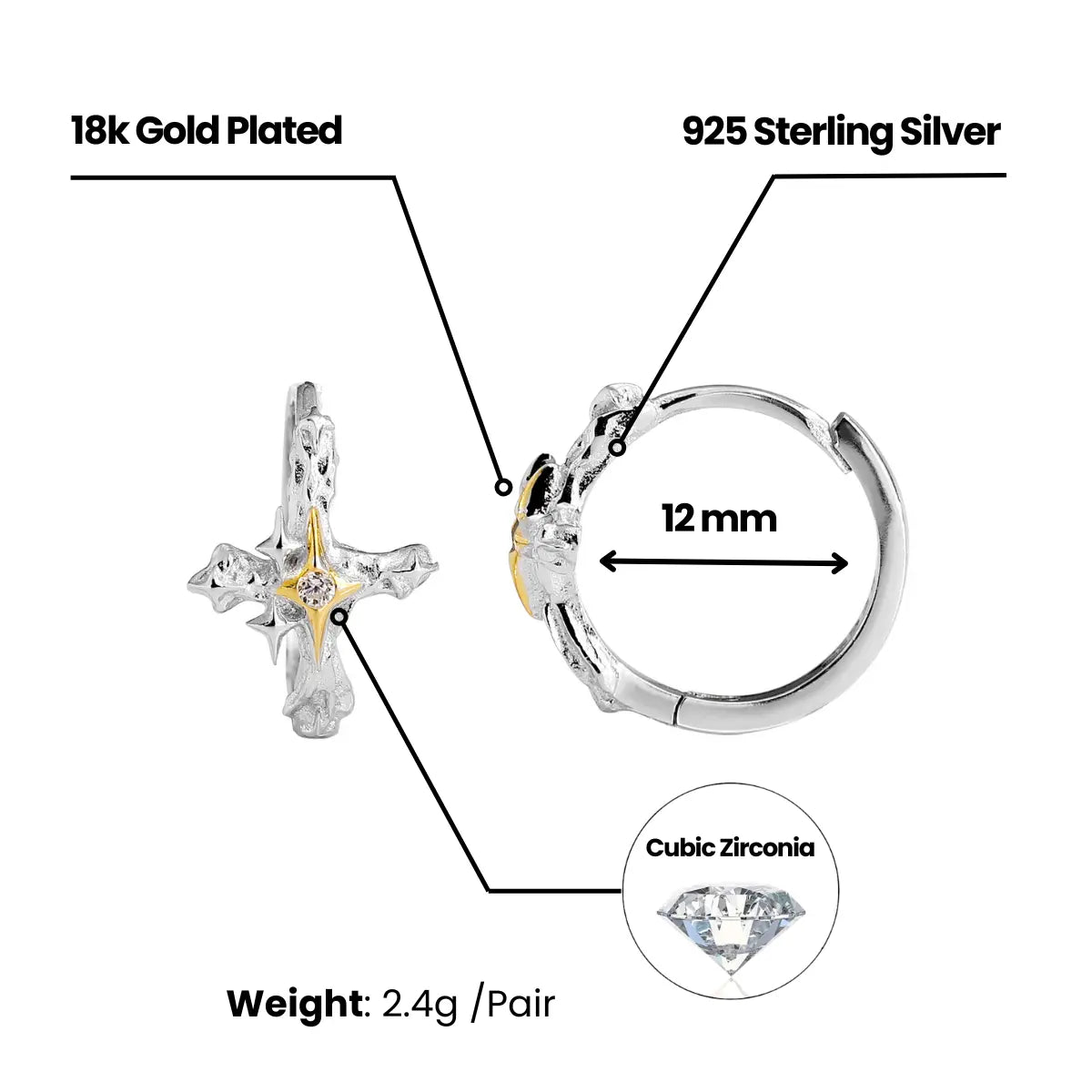 Four Pointed Star Cross Hoop Earrings Dimensions and Weight