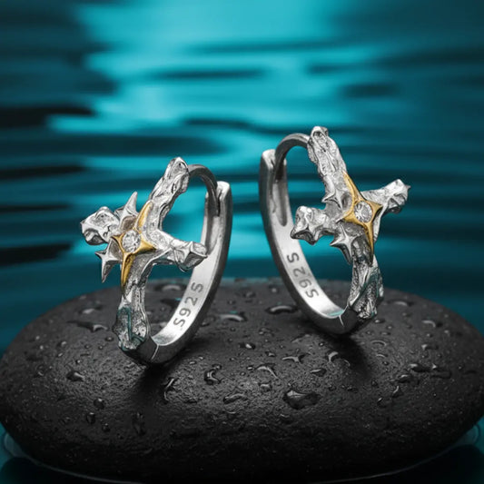 Four Pointed Star Cross Hoop Earrings