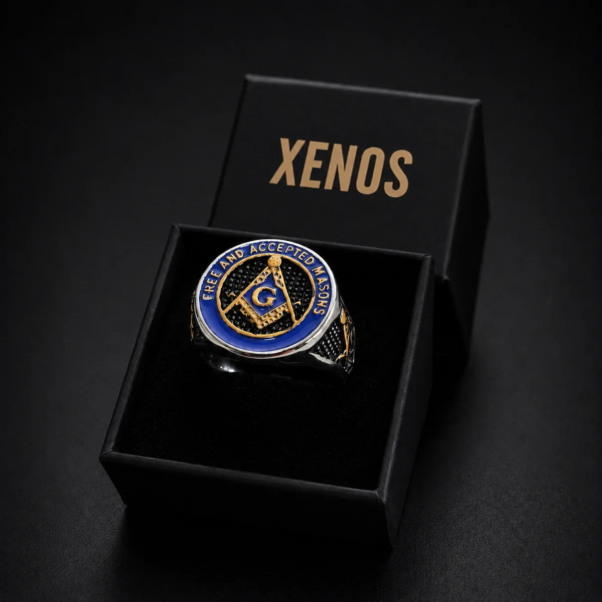 Free and Accepted Masons Ring Blue Enamel Displayed in Xenos Jewelry Box