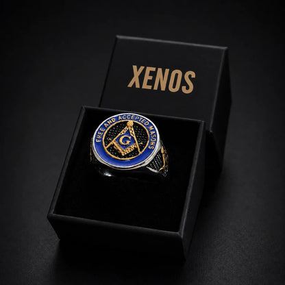 Free and Accepted Masons Ring Blue Enamel Displayed in Xenos Jewelry Box