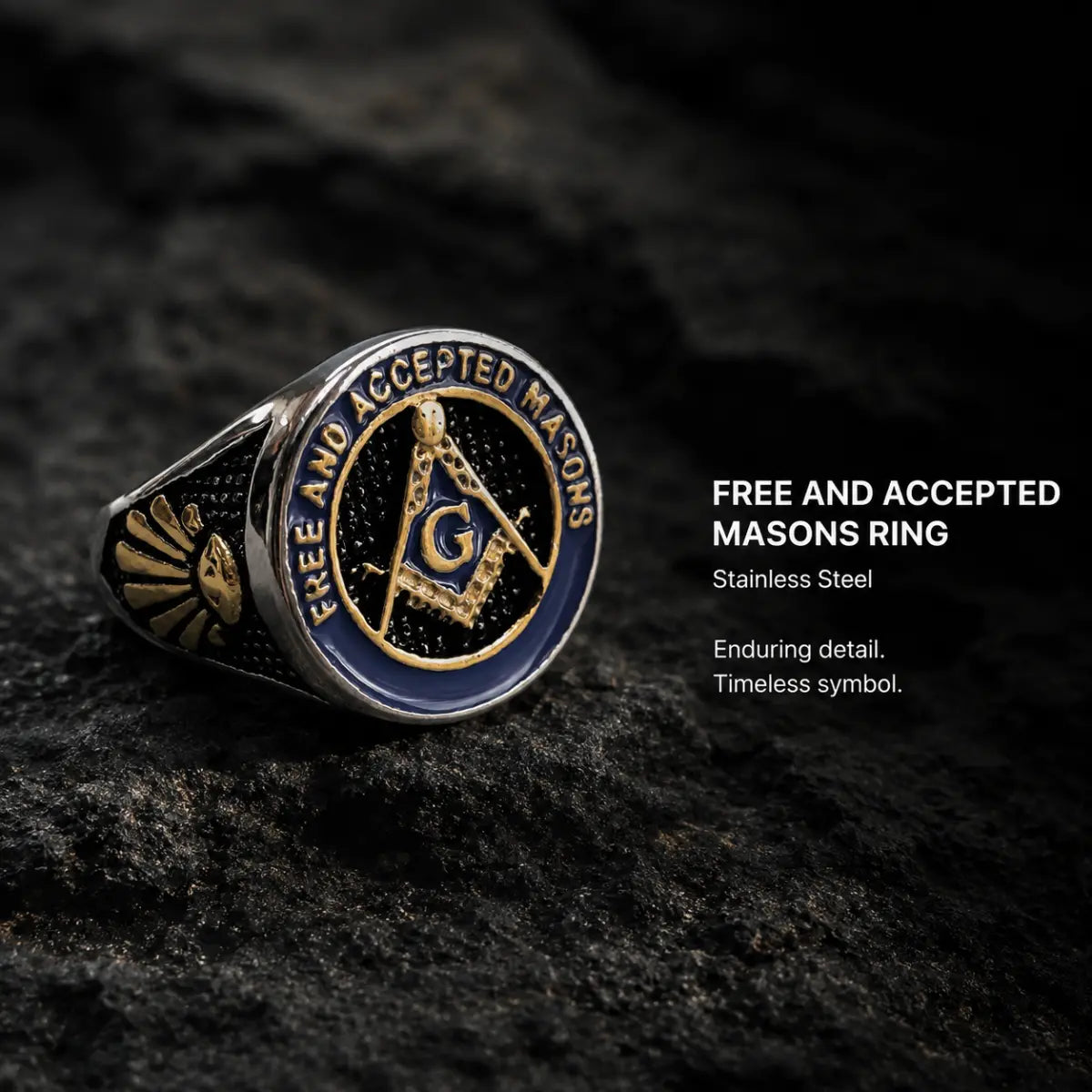 Free and Accepted Masons Ring Blue Enamel Displayed on Stone Surface