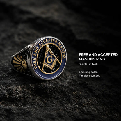 Free and Accepted Masons Ring Blue Enamel Displayed on Stone Surface