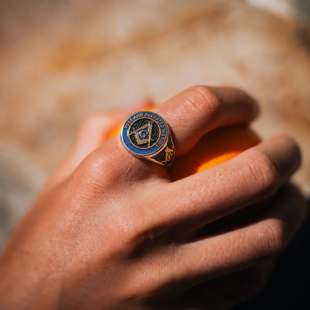 Free and Accepted Masons Ring Blue Enamel Worn on Hand Close Up