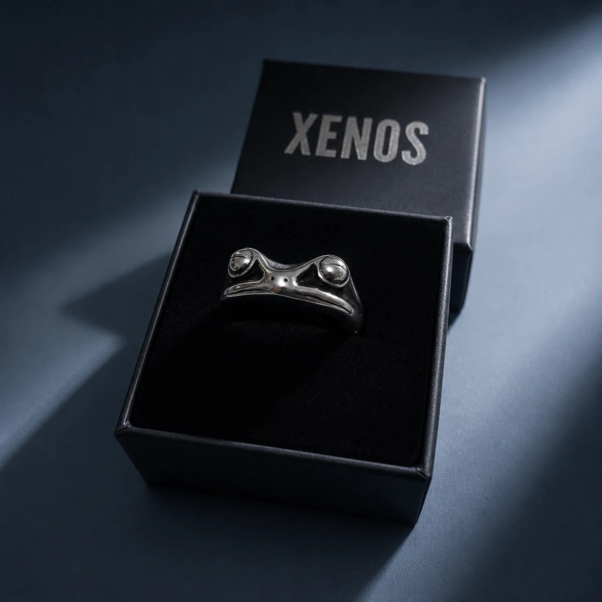 Frog Ring Silver Presented in Xenos Jewelry Packaging Box
