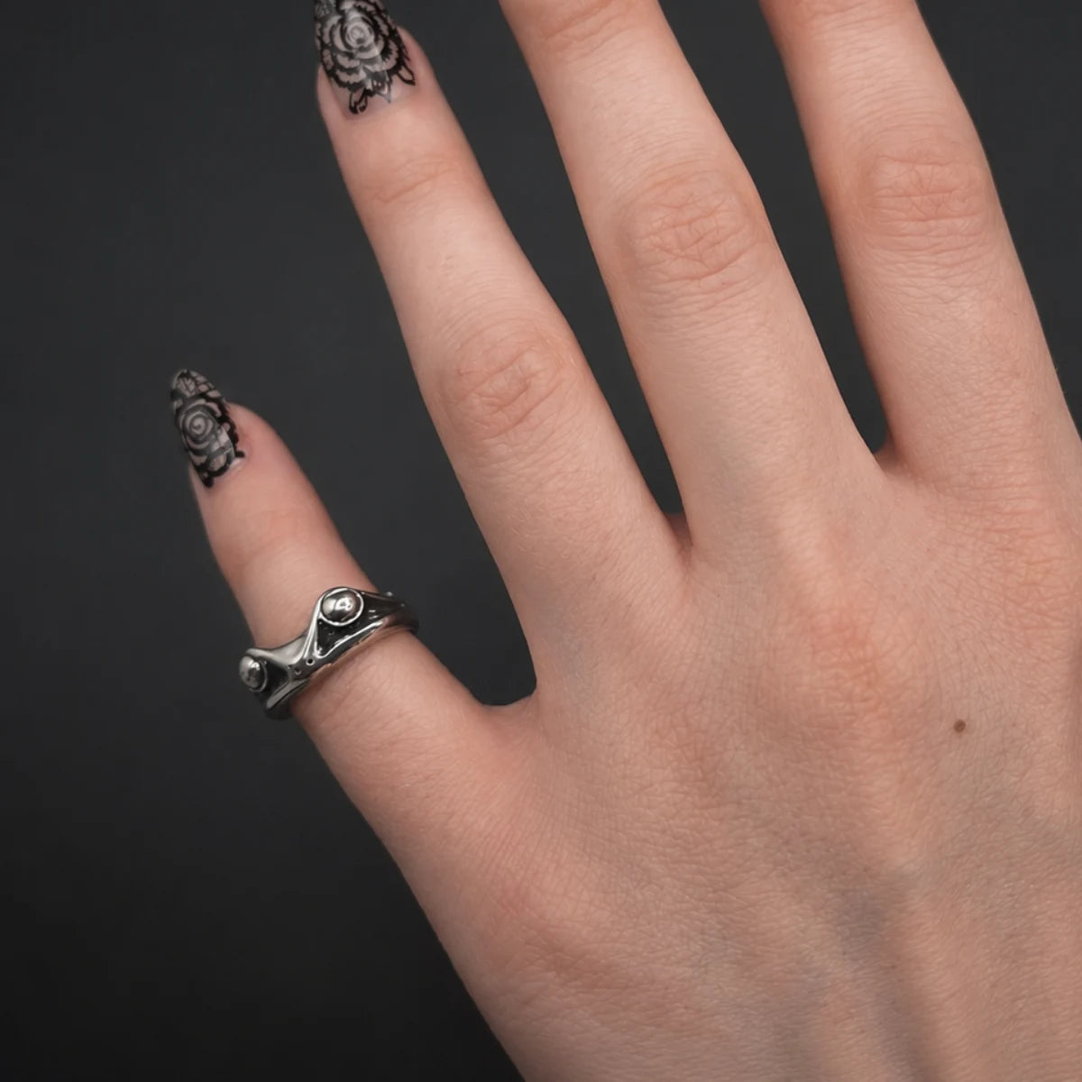 Frog Ring Silver Worn on Female Hand
