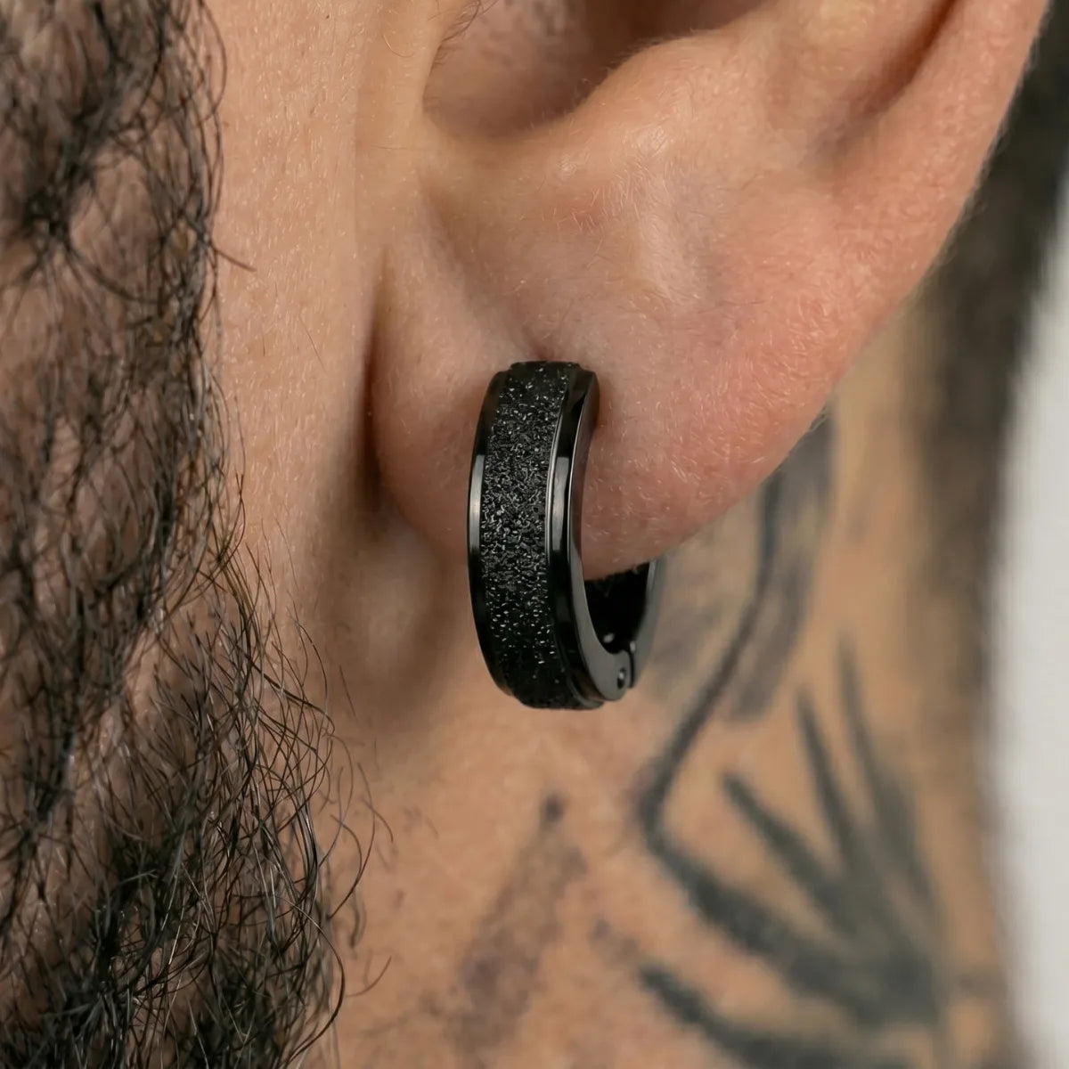 Frosted Hoop Earrings Black 4mm Worn by Male Model