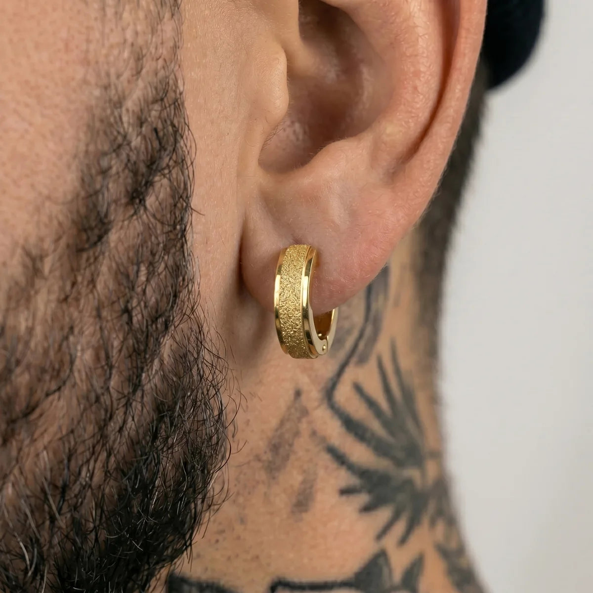 Frosted Hoop Earrings Gold 4mm Worn by Male Model