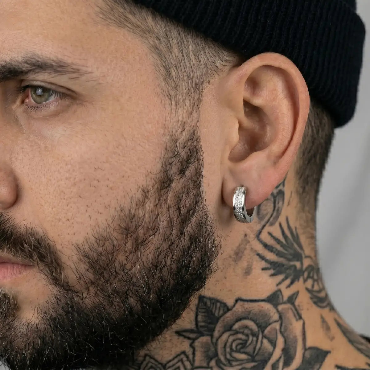 Frosted Hoop Earrings Silver 4mm Worn by Male Model