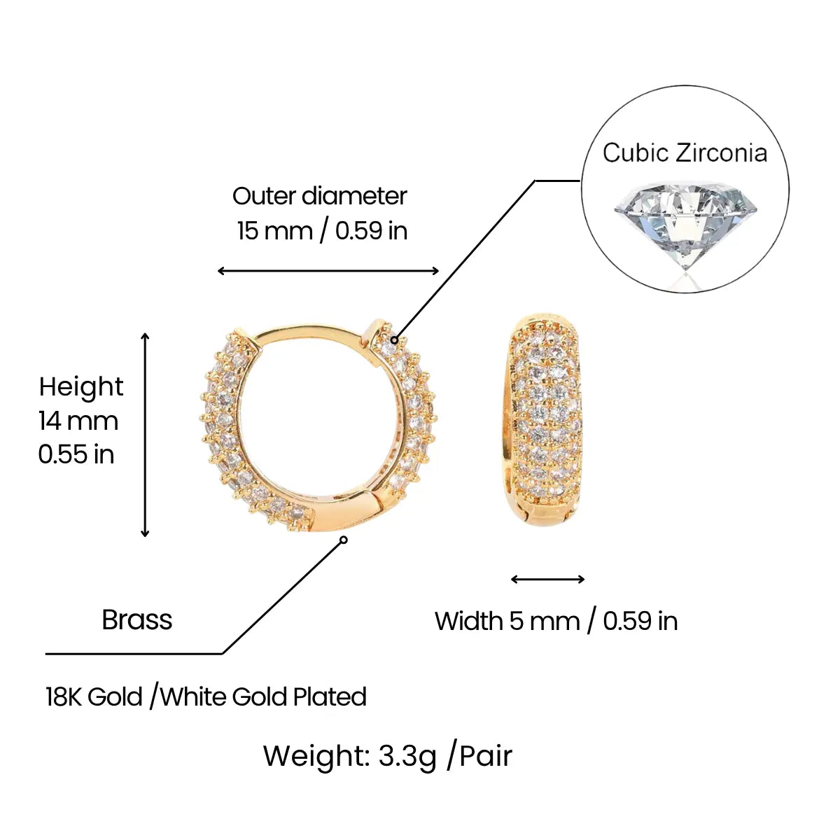 Full Pave Diamond Huggie Hoop Earrings Dimensions and Weight