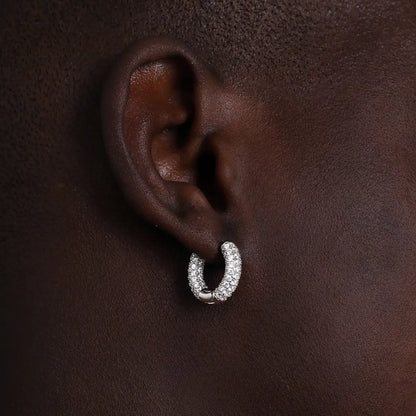 Full Pave Diamond Huggie Hoop Earrings White Gold Front Worn by Male Model