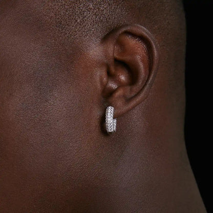 Full Pave Diamond Huggie Hoop Earrings White Gold Side Worn by Male Model