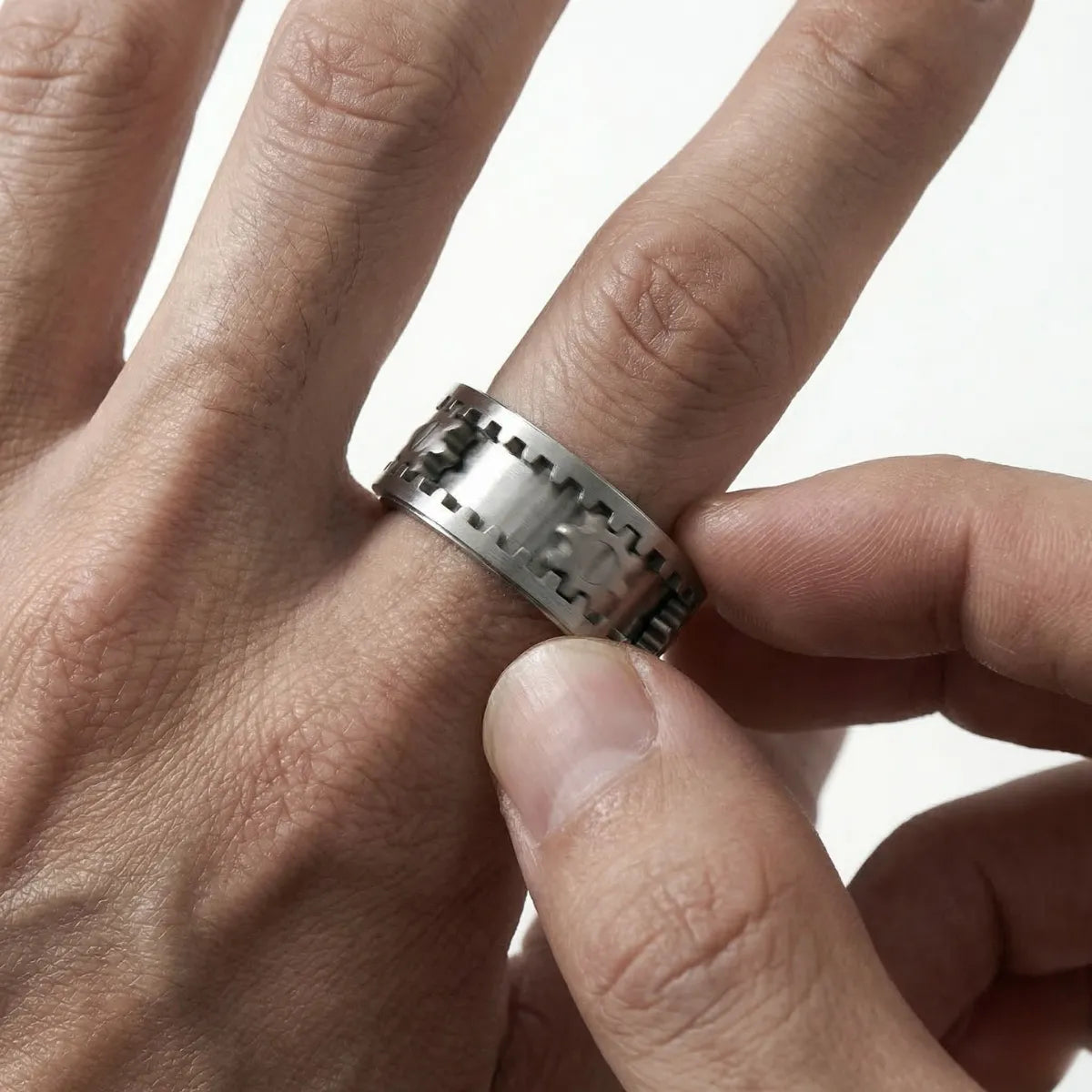 Gear Spinner Ring Worn by Male Model Close Up