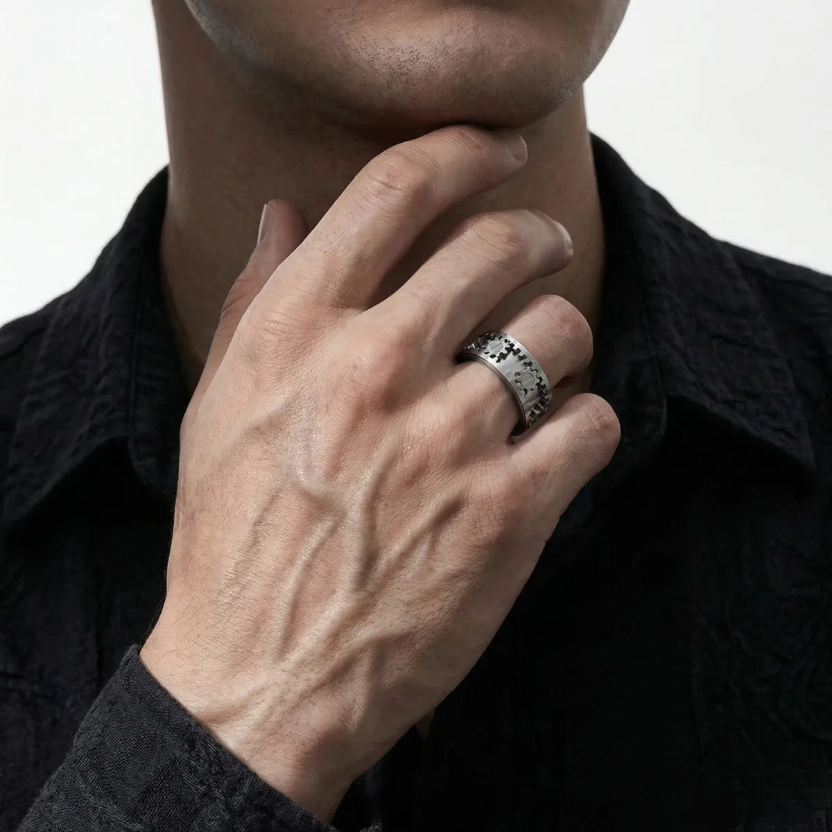 Gear Spinner Ring Worn by Male Model