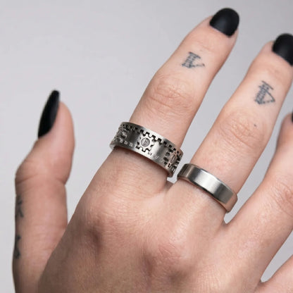 Gear Spinner Ring and Band Ring Worn by Female Model