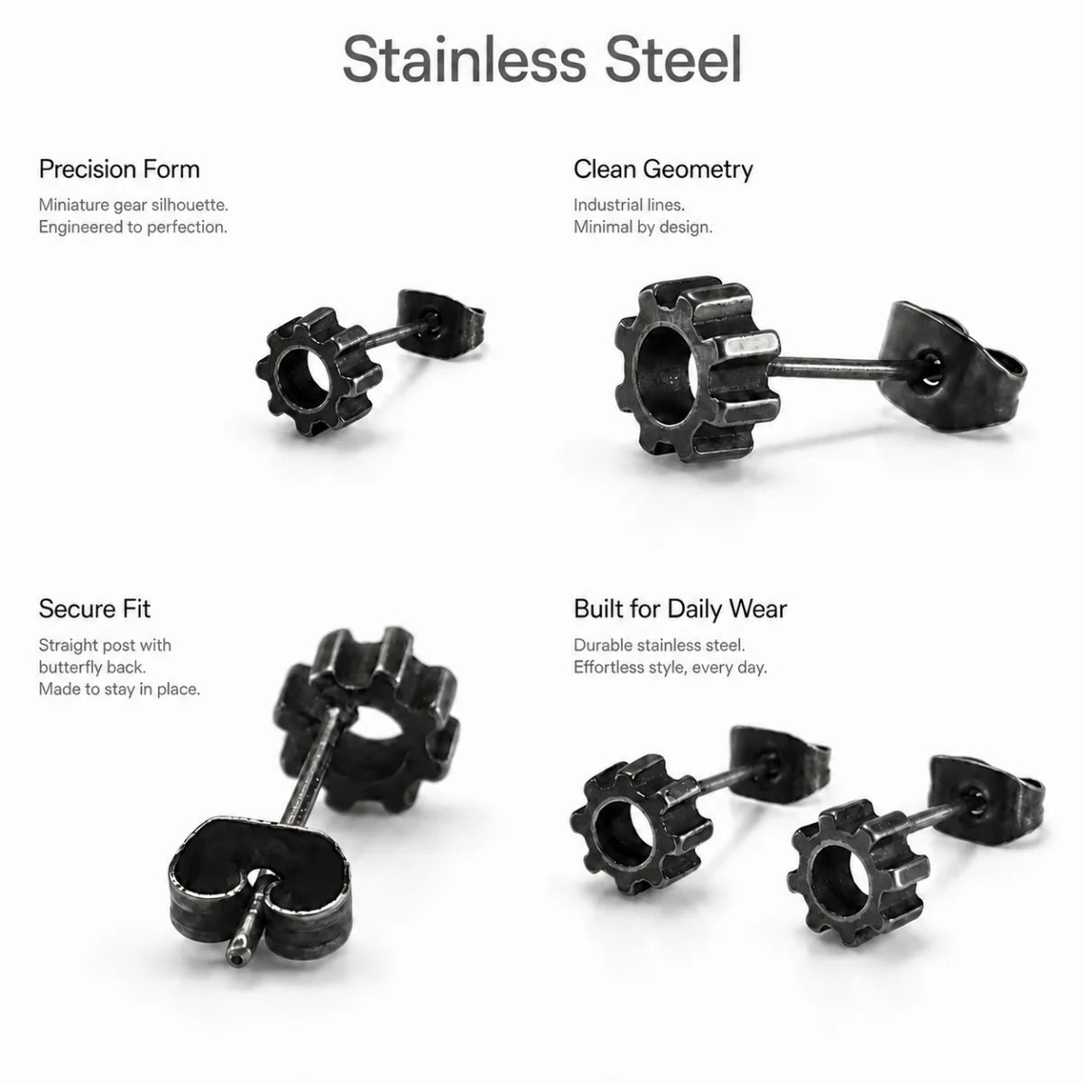 Gear Stud Earrings Stainless Steel Multi Angle Product Feature Showcase