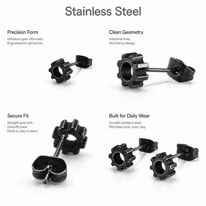 Gear Stud Earrings Stainless Steel Multi Angle Product Feature Showcase