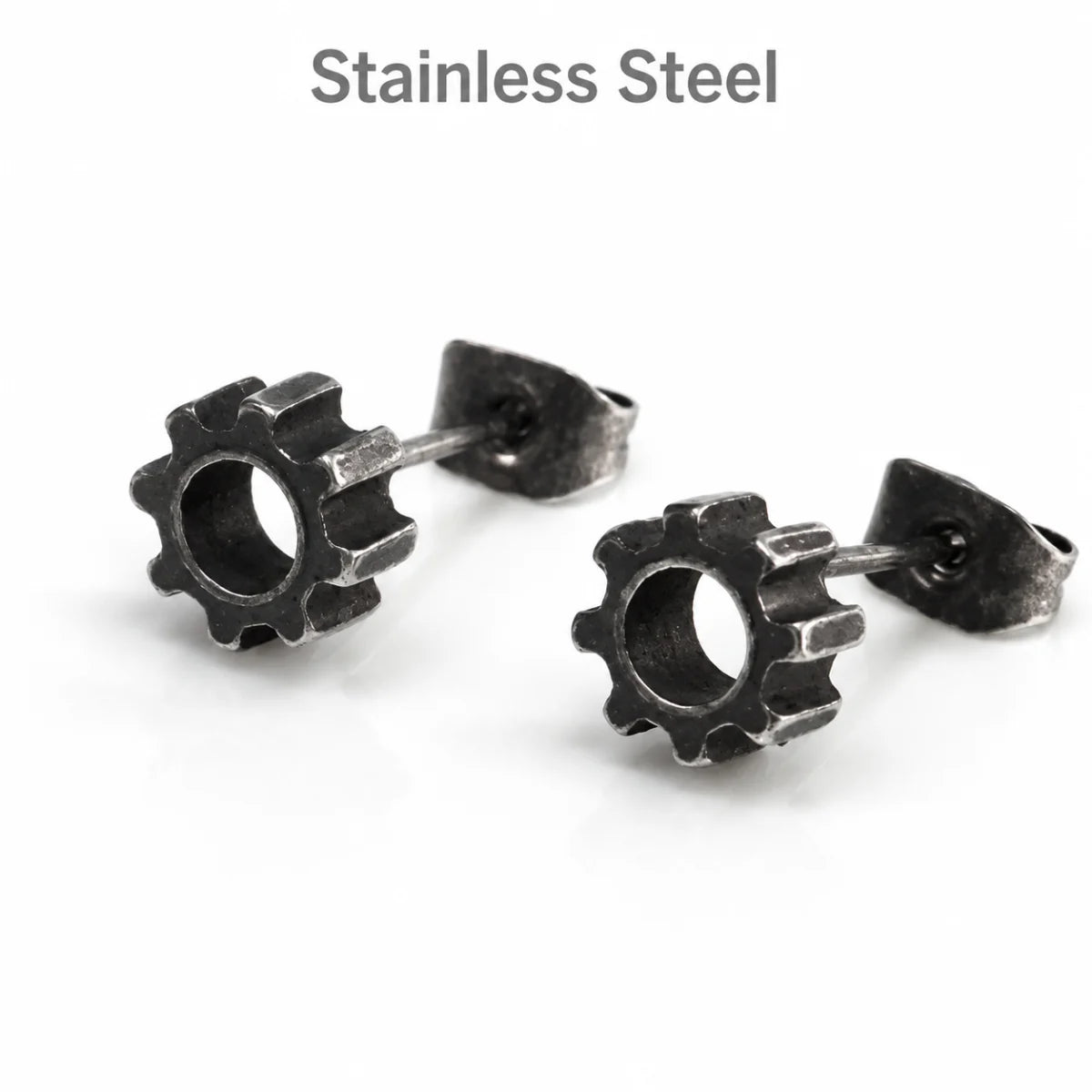Gear Stud Earrings Stainless Steel Pair Front View White Background