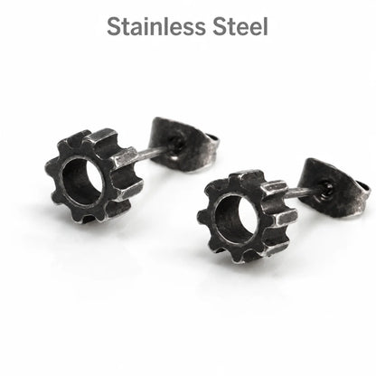 Gear Stud Earrings Stainless Steel Pair Front View White Background