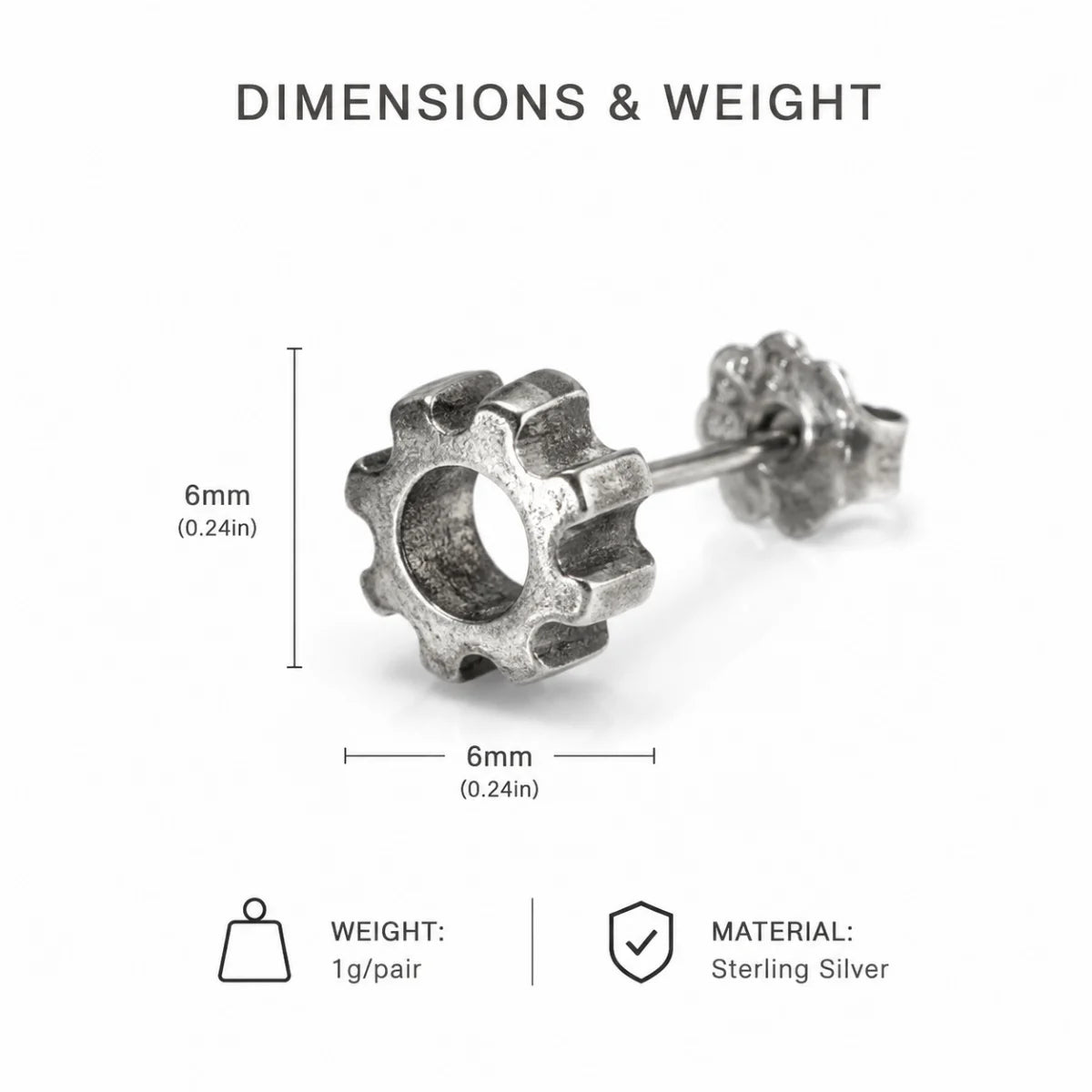Gear Stud Earrings Sterling Silver Dimension Diagram 7.6mm 0.3inch and 11mm 0.43inch