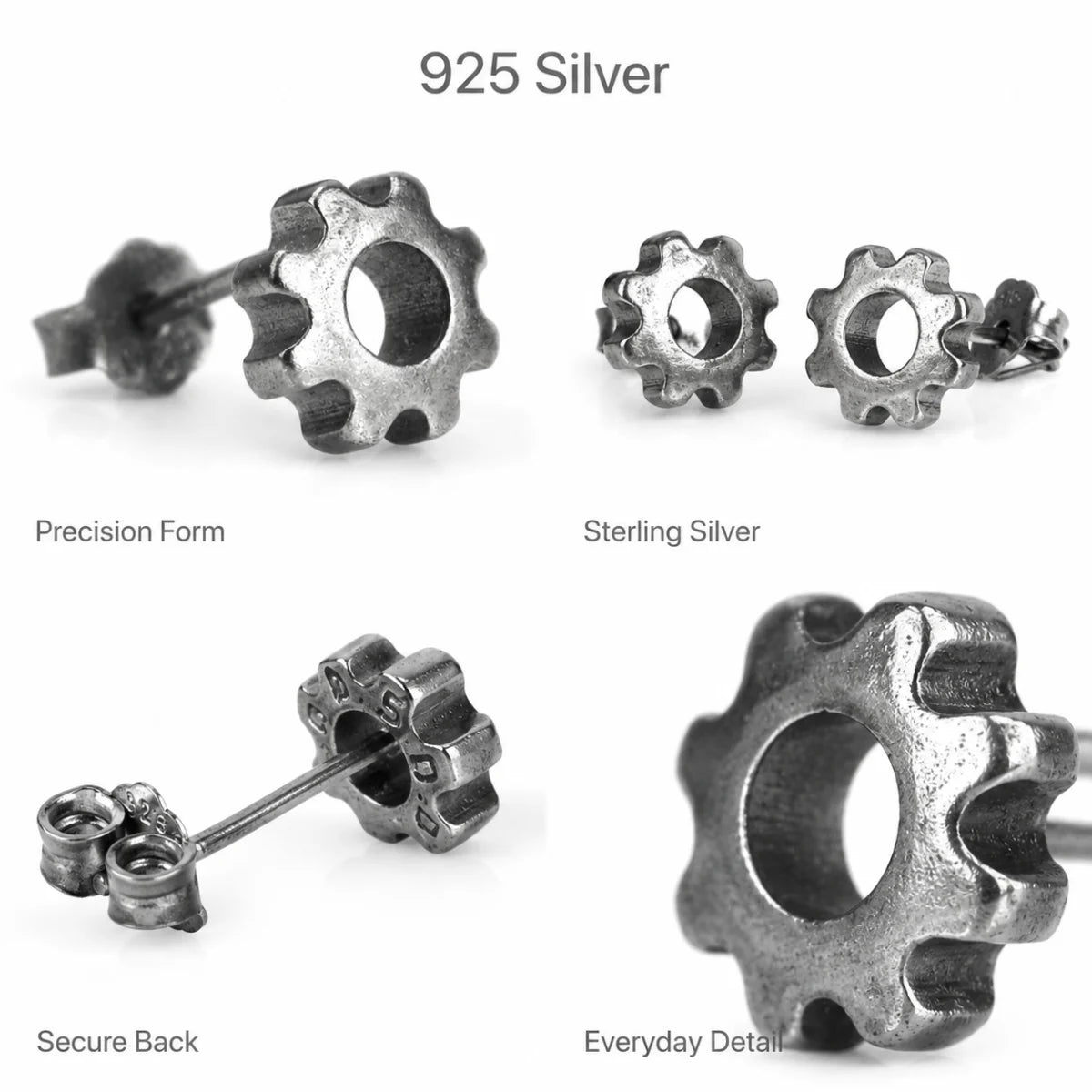 Gear Stud Earrings Sterling Silver Multi Angle Product Feature Showcase
