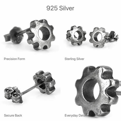 Gear Stud Earrings Sterling Silver Multi Angle Product Feature Showcase
