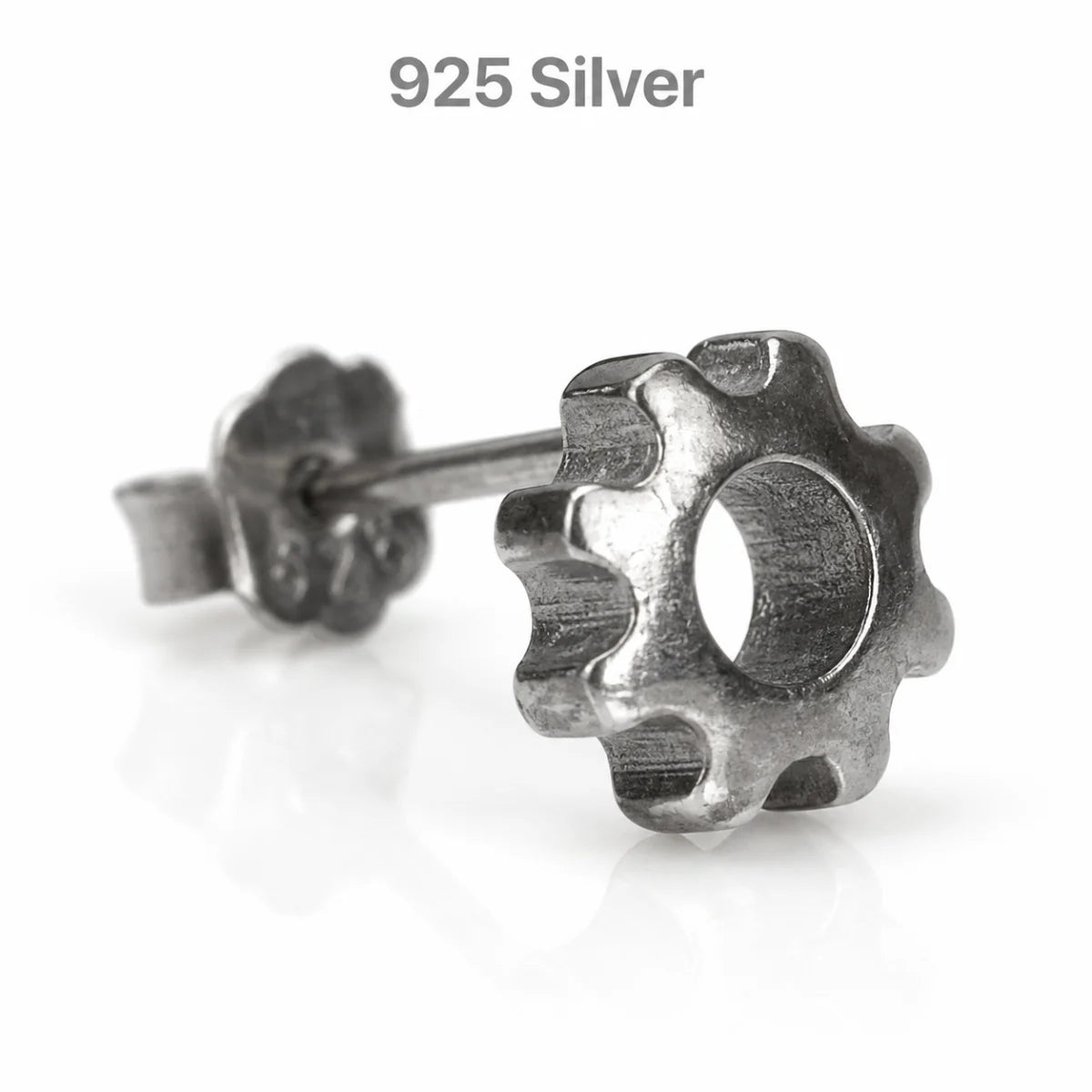 Gear Stud Earrings Sterling Silver Single Earring Side View White Background