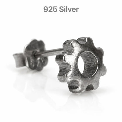 Gear Stud Earrings Sterling Silver Single Earring Side View White Background
