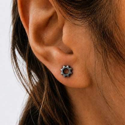 Gear Stud Earrings Worn by Female Model Close Up